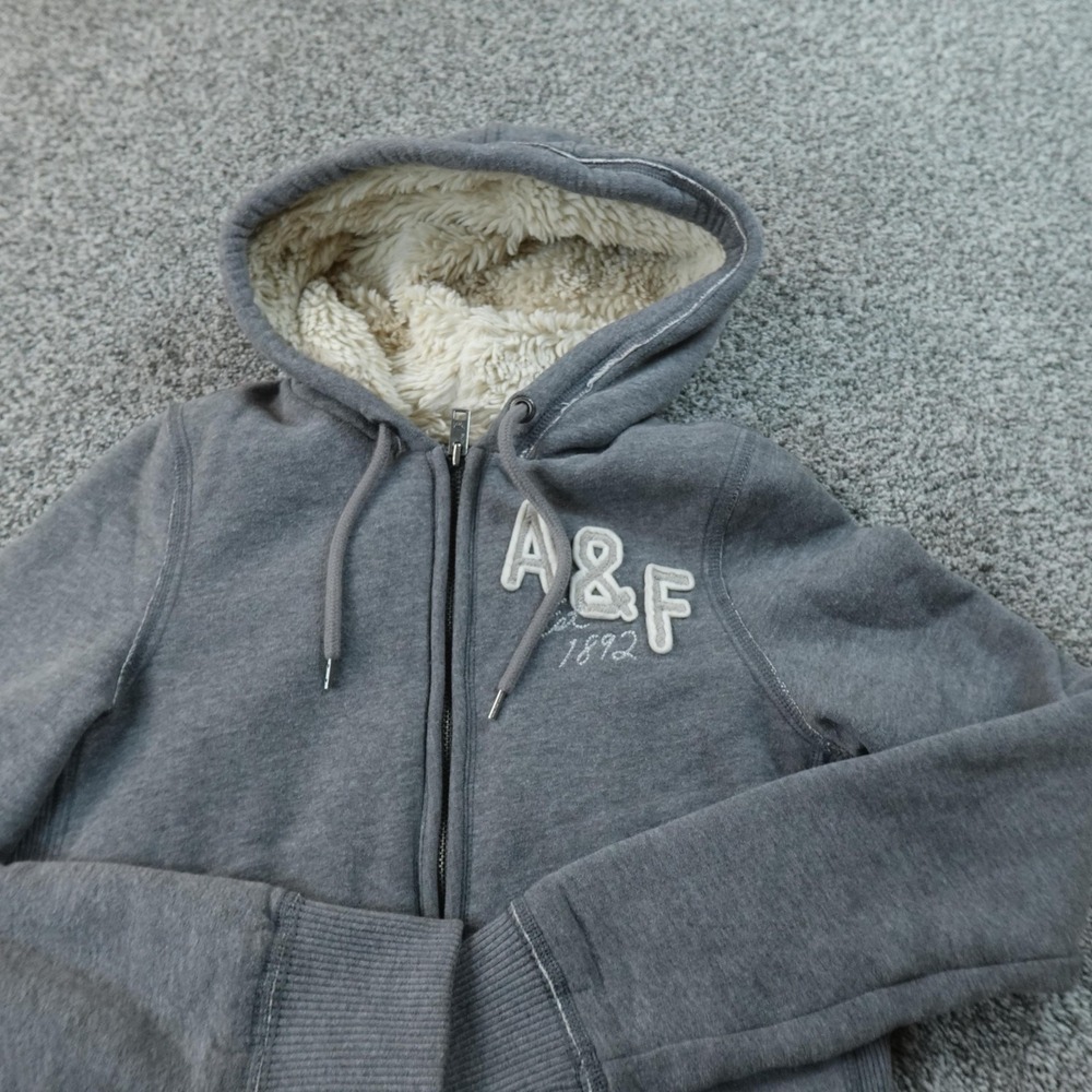 VTG Abercrombie Fitch Hoodie Womens L Gray Sherpa Faux Fur Full Zip Jacket Y2K